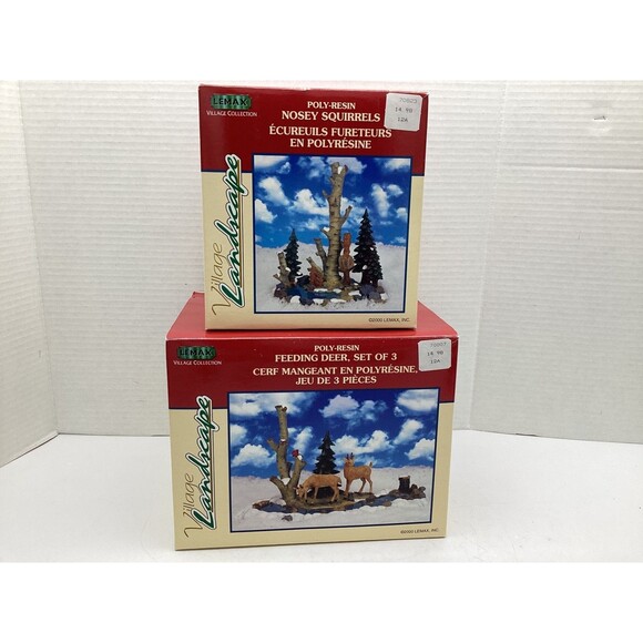 Set 2 LEMAX Village Landscape Accents Nosey Squirrels Feeding Deer Boxed 2000 - Picture 1 of 13